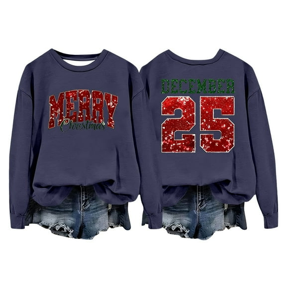 Women Christmas Outfit Women's Hoodless Sweatshirt Casual Loose Fit Pullover Long Sleeve Crewneck Top Everyday Wear Soft Fashion Streetwear Comfortable Blue 3XL