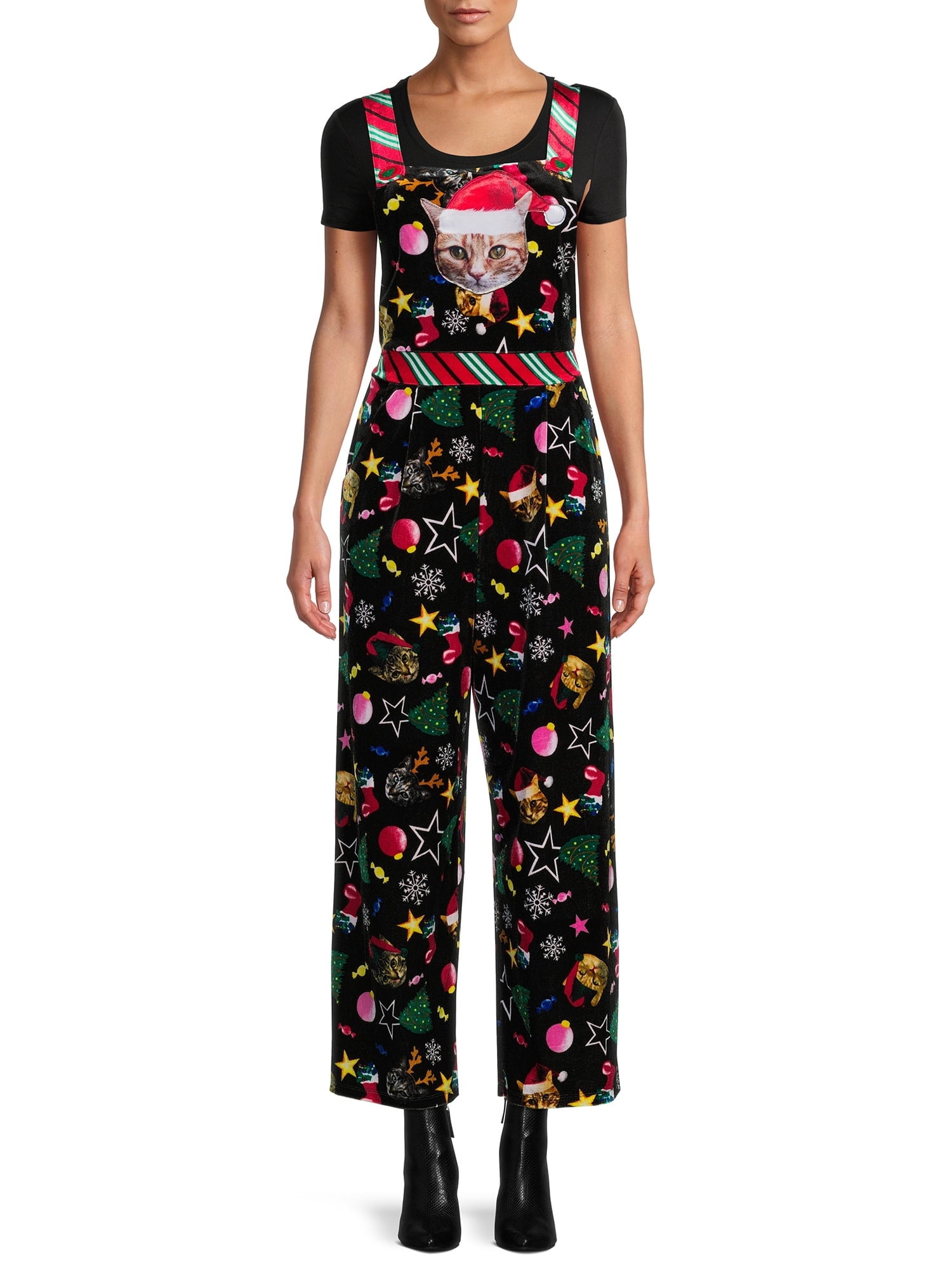 Women Christmas Overalls Sleeveless Velvet Wide Leg Romper Pants Santa