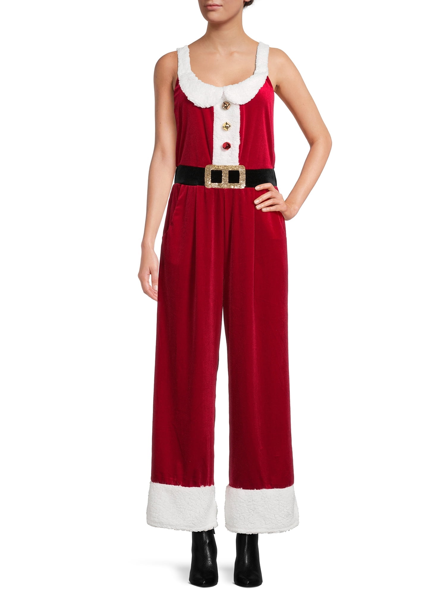 Women Christmas Overalls Sleeveless Velvet Wide Leg Romper Pants Santa