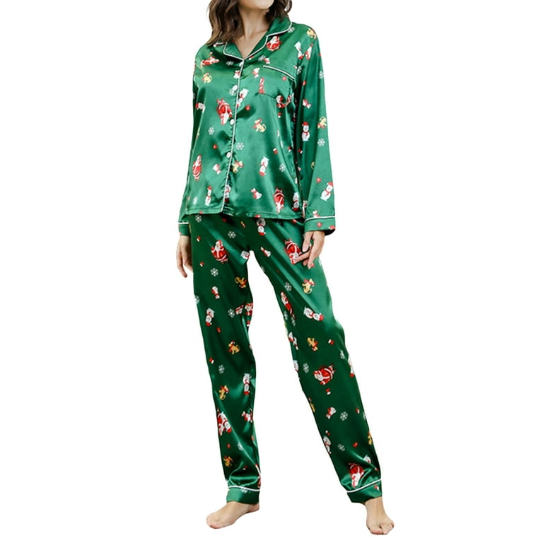 Christmas Pajamas Women's Soft Silky Pj Set Button Up Loungewear Long  Sleeve Red Holiday Sleepwear