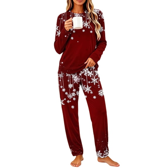 Women Christmas Pajama Set Print Crew Neck Long Sleeve Top with Long Pants Holiday Loungewear Sleepwear