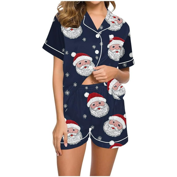Women Christmas Pajama Set Short Sleeve Shorts Sleepwear Two Piece Pjs Holiday Santa Print Nightwear
