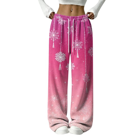 Women Christmas Pajamas Christmas Snowflake Print Casual Flannel Fleece Pj Bottoms Comfy Elastic Waist Fuzzy Holiday Sleep Loungewear Pants Soft Drawstring Fall Pajama Pants Pink S