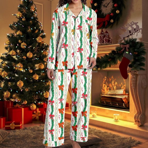 Women Christmas Pajamas Cute Print Button down Sleepwear Long Sleeve Loungewear Womens Winter Pajamas Christmas Outfits for Women
