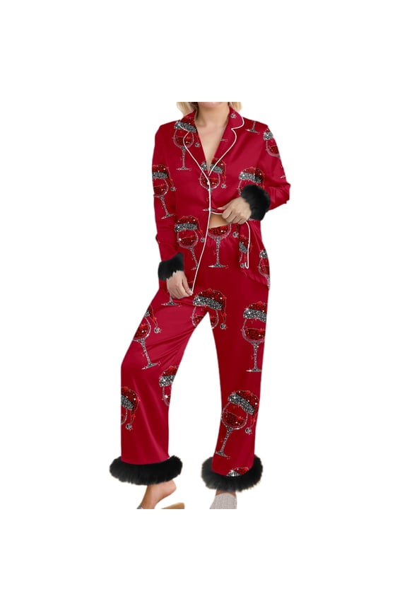 Women Christmas Pajamas Trim Long Sleeve Christmas Theme Printed Shirts Pants Cozy Sleepwear Set Pjs Sets for Women L