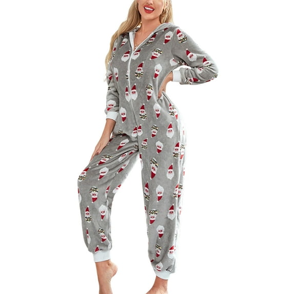 Women Christmas Pajamas Home Hooded Jumpsuit Slim V-Neck Long Sleeve Bodysuit Casual Zipper Printed Loungewear