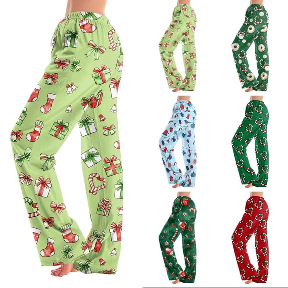 Women Christmas Pajamas Pants Print Wide Leg Pj Bottoms Cute Funny Lounge Sleepwear