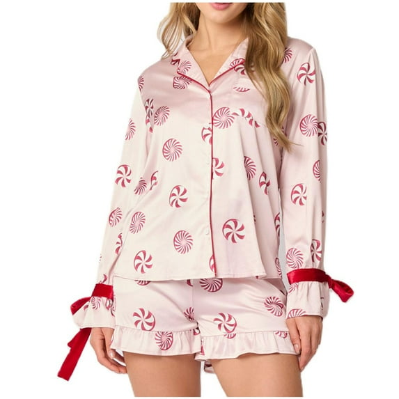 Women Christmas Pajamas Set 2 Piece Short Sleeve Shirt with Shorts Pjs Y2k Loungewear Bowknot Tie Sleepwear Preppy