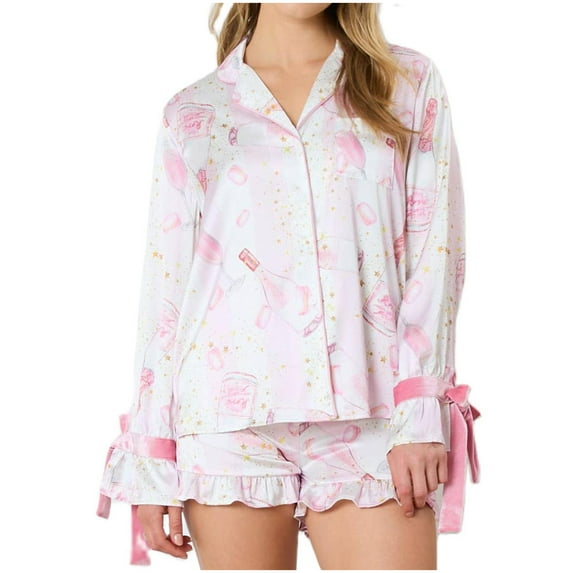 Women Christmas Pajamas Set 2 Piece Short Sleeve Shirt with Shorts Pjs Y2k Loungewear Bowknot Tie Sleepwear Preppy