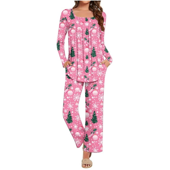 Women Christmas Pajamas Set Long Sleeve Tops with Wide Leg Pants Two Piece Pjs Set Santa Print Cute Xmas Sleepwear