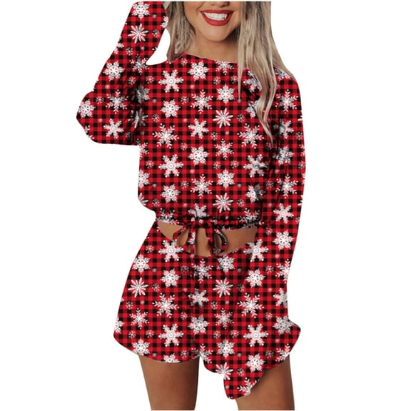 Women Christmas Pajamas Sets Red Plaid Snowflake Graphic Long Sleeve Drawstring Crop Tops Shorts PJs Sets Sleepwear