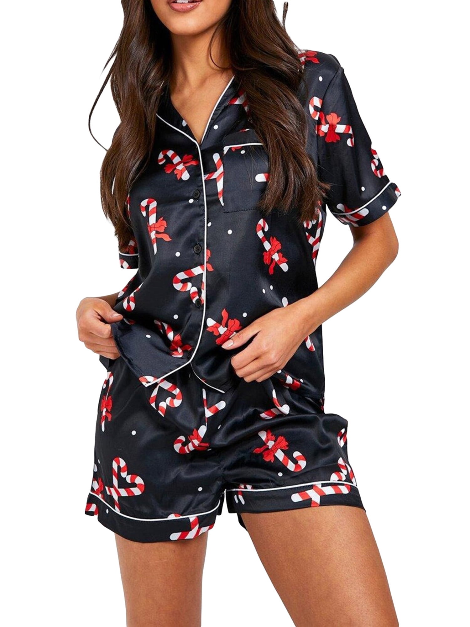 Women Christmas Pajamas Sets Short Sleeve Button Down ShirtsTops Shorts ...