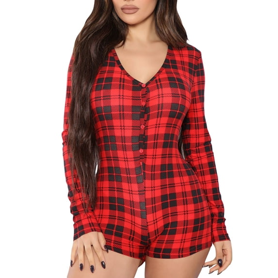 Women Christmas Pajamas Sexy V-neck Long Sleeve Bodycon Romper Shorts Button Playsuit Pjs Sleepwear