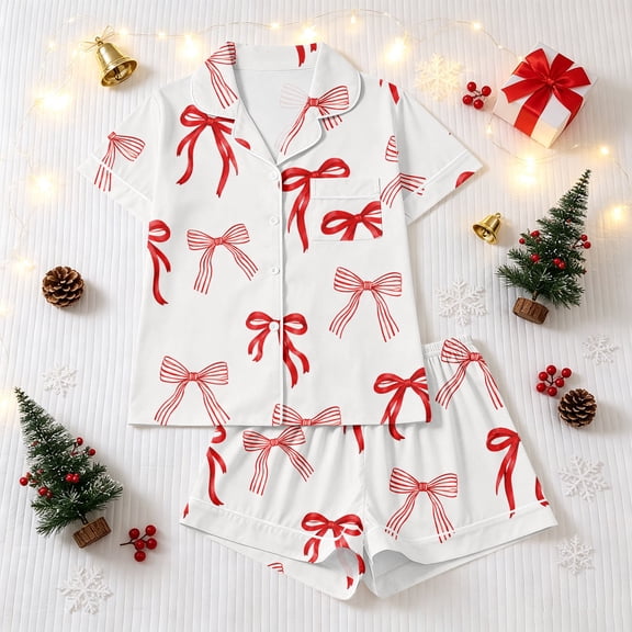Women Christmas Pajamas Short Sleeve Xmas Print Tops Shorts Set Button Down Holiday Loungewear Set Pjs Gifts for Wife