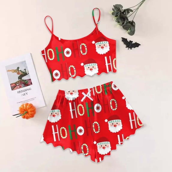 Women Christmas Pajamas Two Piece Silk Pajama Cami Top Pajama Shorts Set For Women Loungewear For Women Cute Pj Sets Woman