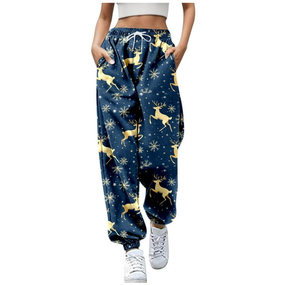 Women Christmas Pants Casual Print With Pockets High Waist Drawstring Jogger Sweatpants Trousers Pants for Women,Navy,2XL