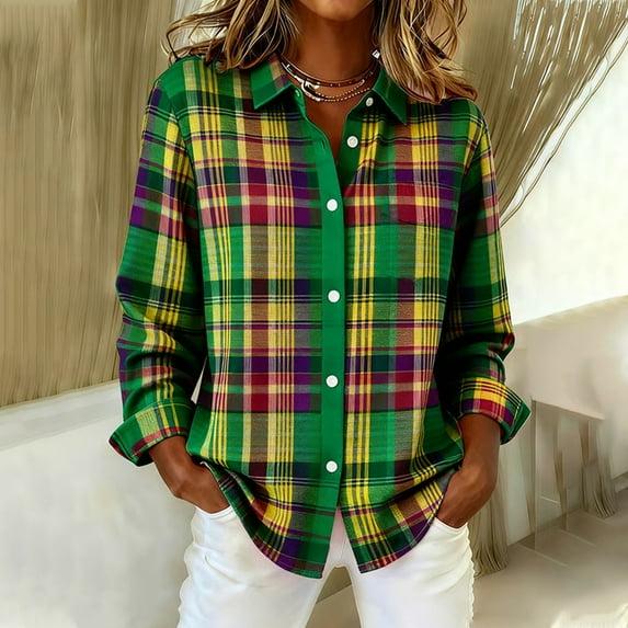 Women Christmas Plaid Jacket Long Sleeve Button Shirt Fall Winter Blouse Tops Green XXL