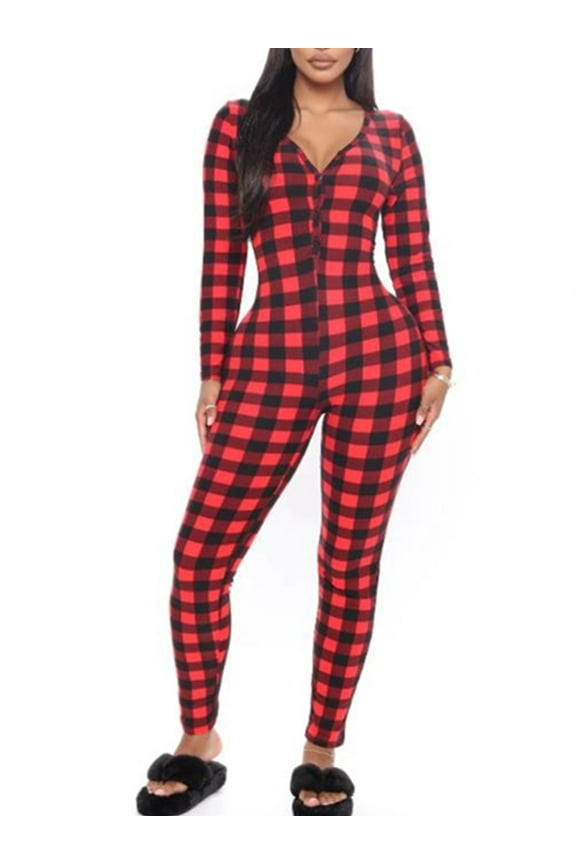 Women Christmas Plaid Long Sleeve Jumpsuit Pajamas Buttons Deep V Neck Long Onesies Sleepwear Nightwear