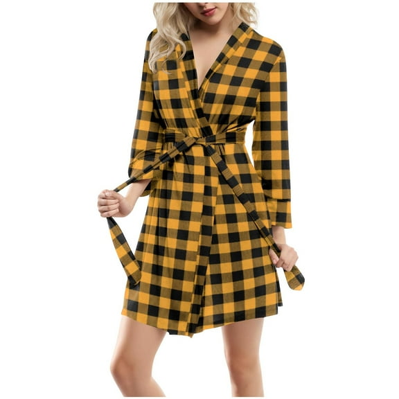 Women Christmas Plaid Robe - Womens Short Bathrobe with Pockets - Belted Wrap V-Neck Long Sleeve Bath Robes Sleepwear