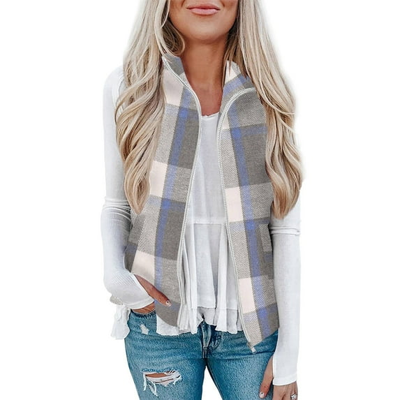 Women Christmas Plaid Shirts - Fall Plaid Flannel Vests Women Fuzzy Fleece Vests, Casual Warm Sleeveless Zip-up Jackets Vests with Pockets for Fall Winter Travel Vacation