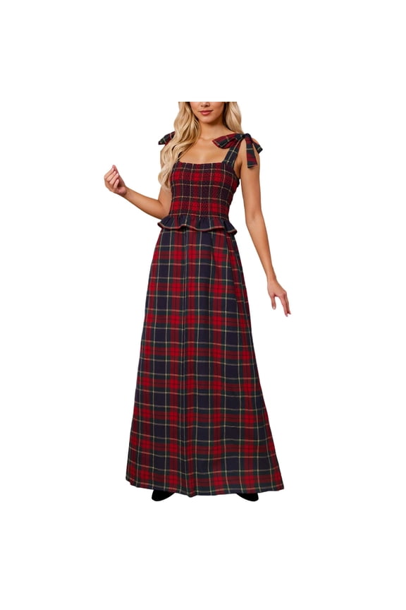 Women Christmas Plaid Sleeveless Maxi Dress Fall Ruffle Sleeve Long Dresses Vintage Gingham Party Dress Y2k Red L