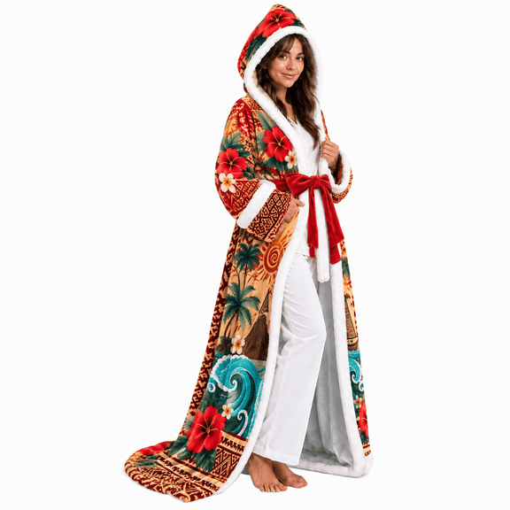 Women Christmas Princess Comfort Heated Robe with Foot Pockets, Cute Long Length Wearable Heated Blanket with USB, Winter Loungewear, Flannel Fabric, Soft, Warm, Fuzzy, Unisex, Red