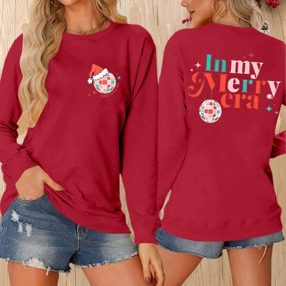 Women Christmas Print Fashion Casual Solid Color Long Sleeved Hoodie Loose Letter Print Round Neck