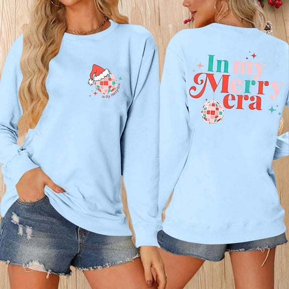 Christmas Print Fashion Casual Solid Color Loose Long Sleeved Letter Print Round Neck Hoodie Polyester Lightweight Soft Suitable for Daily Wear School Vacation Work Club Party Street