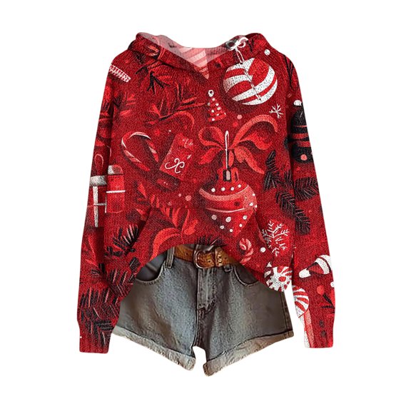 Women Christmas Print Hoodie Long Sleeve Pullover Casual Sweatshirt Winter Holiday Santa Tree Candy Cane Top