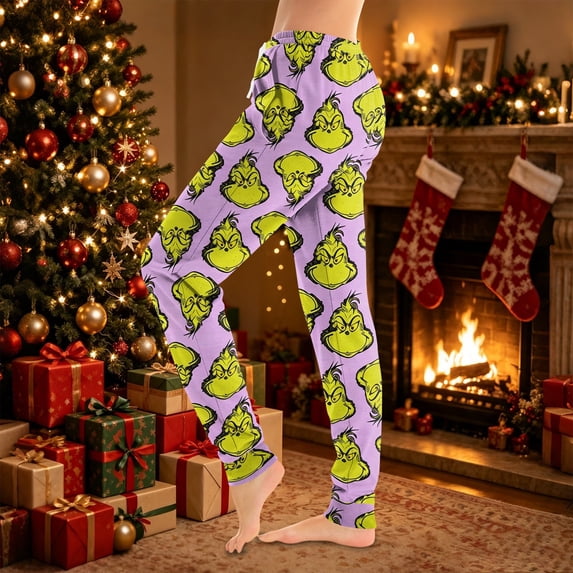 Women Christmas Print Lounge Pants Drawstring Soft Sleepwear Holiday Pajama Bottoms Comfy Homewear Trousers for Family Gatherings