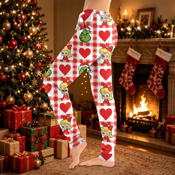 Women Christmas Print Lounge Pants Drawstring Soft Sleepwear Holiday Pajama Bottoms Comfy Homewear Trousers for Family Gatherings