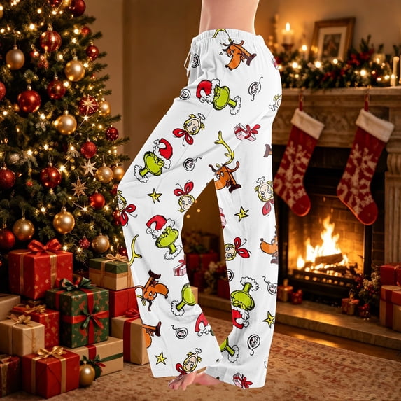 Women Christmas Print Lounge Pants Drawstring Soft Sleepwear Holiday Pajama Bottoms Comfy Homewear Trousers for Holiday Mornings