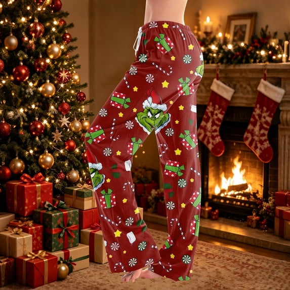 Women Christmas Print Lounge Pants Drawstring Soft Sleepwear Holiday Pajama Bottoms Comfy Homewear Trousers for Holiday Mornings