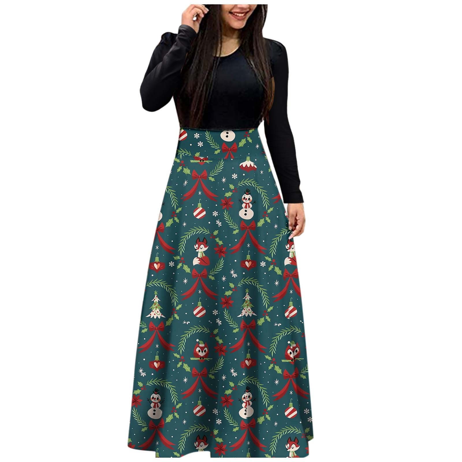 Women Christmas Print Maxi Dress Long Sleeve Long Maxi Dress Ladies