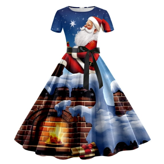 Women Christmas Print Short Casual Dresses for Women Sleeve 1950S Housewife Evening Slip Midi Dress Party Prom Dress