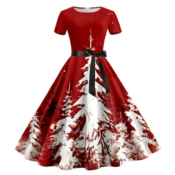 Women Christmas Print Short Sleeve 1950s Housewife Evening Party Prom Dress