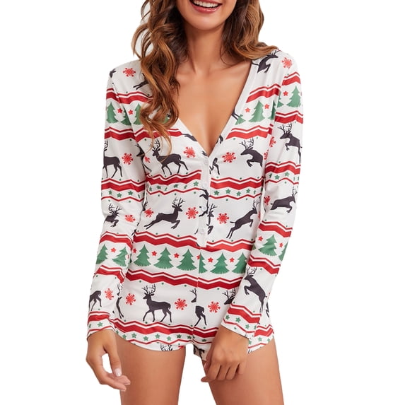 Women Christmas Printed Pajamas Romper Long Sleeve Playsuit Deep V Neck Bodysuit Jumpsuit Sexy Sleepwear Overall Xmas Holidays