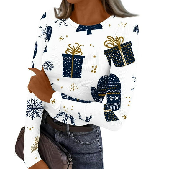 Women Christmas Rib Knit Long Sleeve Slim Fit Shirts Spring Fall Casual Holiday Tee Tops Crew Neck Christmas T-Shirt Going Out Trendy Clothes