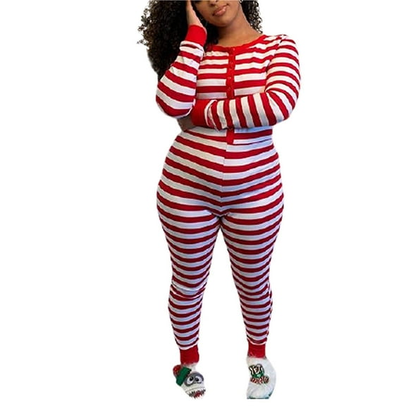 Women Christmas Romper Jumpsuits V-Neck Long Sleeve One Piece Bodysuit Lounge Striped Pajamas Outfit Set