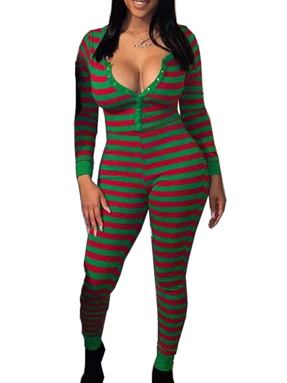 Women Christmas Romper Jumpsuits V-Neck Long Sleeve One Piece Bodysuit Lounge Striped Pajamas Outfit Set