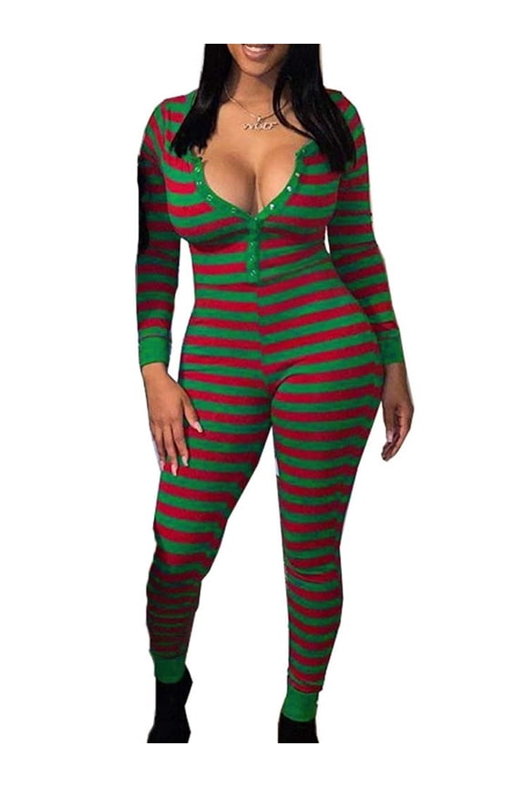 Women Christmas Romper Jumpsuits V-Neck Long Sleeve One Piece Bodysuit Lounge Striped Pajamas Outfit Set