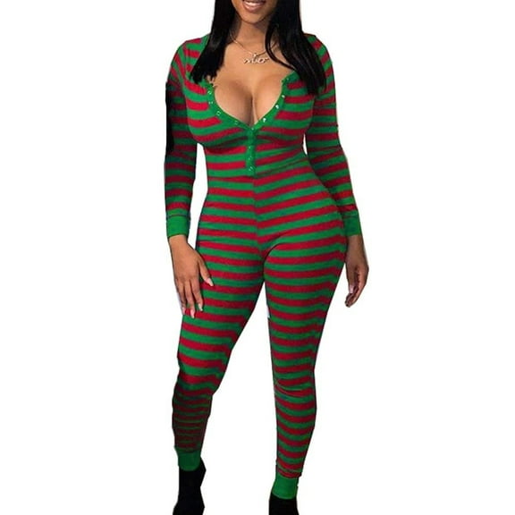Women Christmas Romper Jumpsuits V-Neck Long Sleeve One Piece Bodysuit Lounge Striped Pajamas Outfit Set