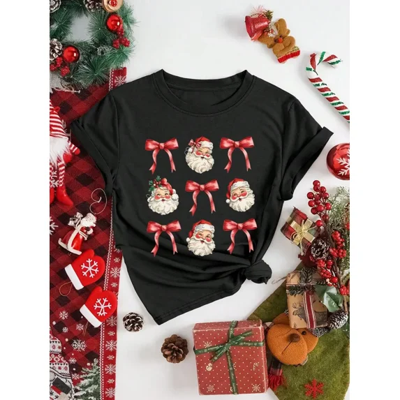 Women Christmas Santa Claus Graphic T‑Shirt, Vintage Santa Red Bow Print Casual Crew Neck Short Sleeve Tee Top Christmas T shirts