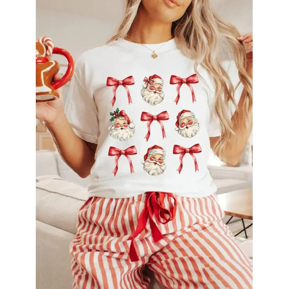 Women Christmas Santa Claus Graphic T‑Shirt, Vintage Santa Red Bow Print Casual Crew Neck Short Sleeve Tee Top Christmas T shirts