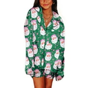 LOLIUICCA Women Christmas Satin Pajamas 2 Piece Set Plaid/Santa Print Long Sleeve Shirts Tops and Shorts 2 Piece Loungewear Sleepwear