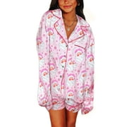 LOLIUICCA Women's Christmas Pajama Set Candy Cane Print Long Sleeves Shirt and Elastic Shorts for Soft Fall Sleepwear Outfits