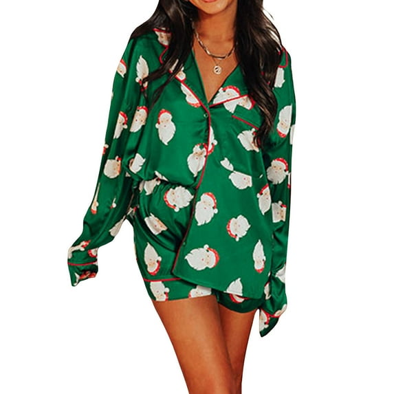 Women Christmas Satin Pajamas 2 Piece Set Plaid/Santa Print Long Sleeve Shirts Tops and Shorts 2 Piece Loungewear Sleepwear