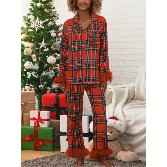 Women Christmas Satin Pajamas Sets Feather Trim Long Sleeve Button Down Shirt and Pants Set Xmas Holiday Pjs Sleepwear Loungewear