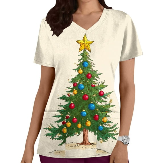 Women Christmas Scrub Tops Stretchy V-Neck Short Sleeve Cute Print Working Uniform Pull-On Tops with Pockets, L
