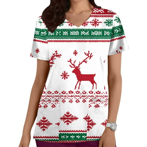 Women Christmas Scrub Tops Stretchy V-Neck Short Sleeve Cute Print Working Uniform Pull-On Tops with Pockets, S